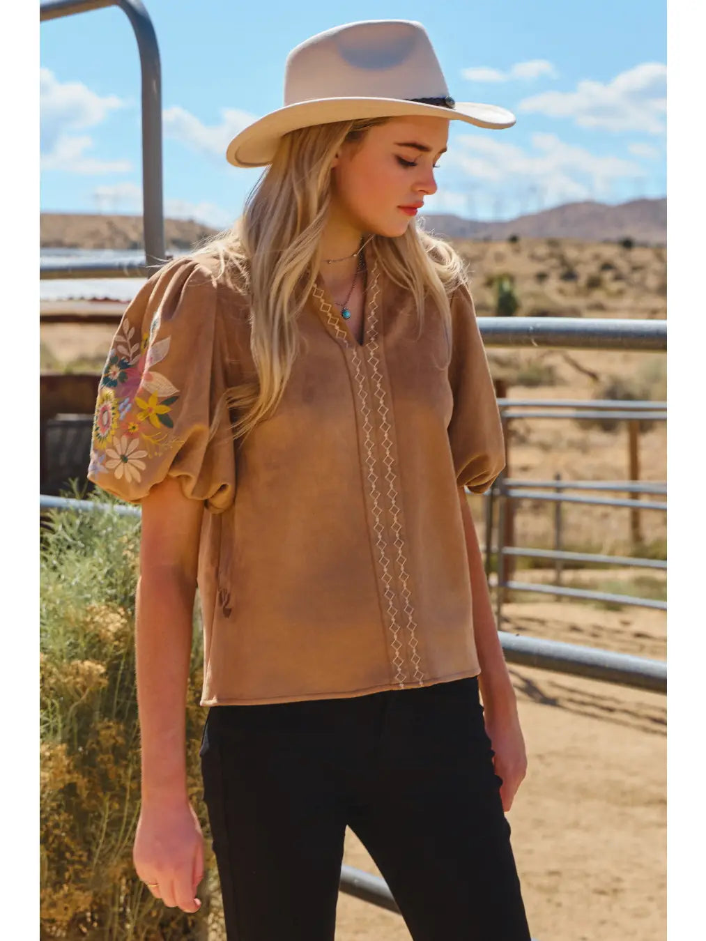 Faux Suede Puff Sleeve Top in Camel