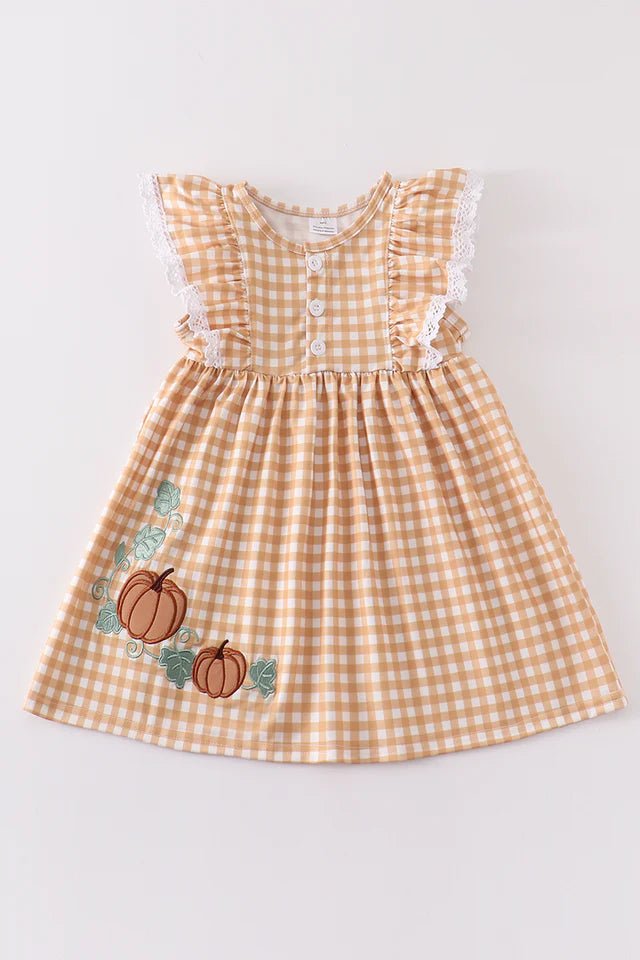 Mustard Plaid Pumpkin Applique Dress