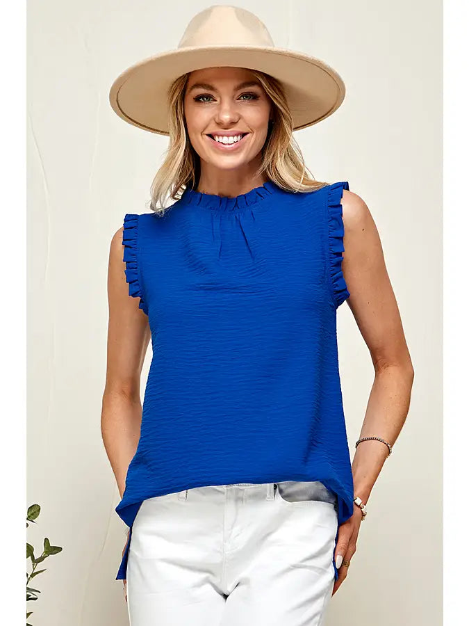 Colbalt Blue Ruffle Neck Blouse