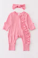 Pink Bamboo Ruffle Zipper Romper w/Headband