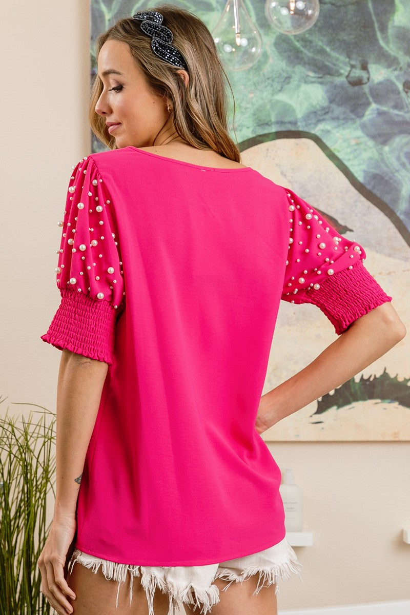 Fuchsia Top W/Pearl Sleeves