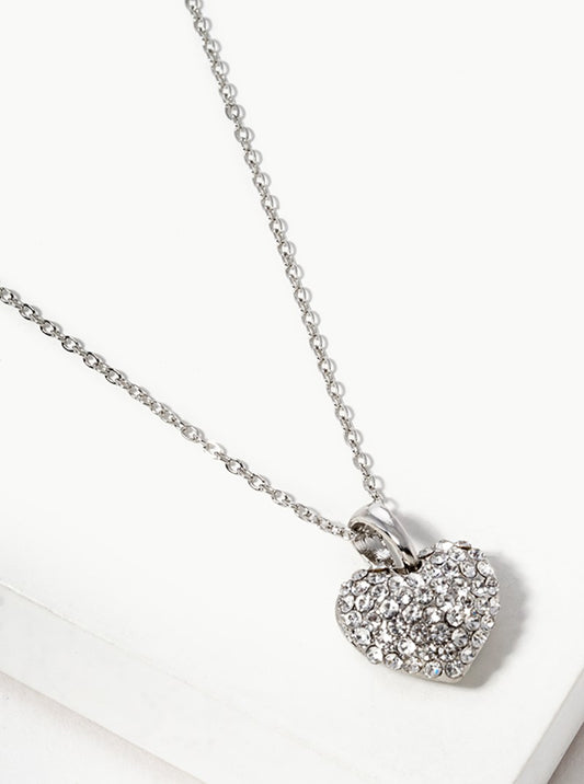 Crytal Pave Heart Necklace Silver