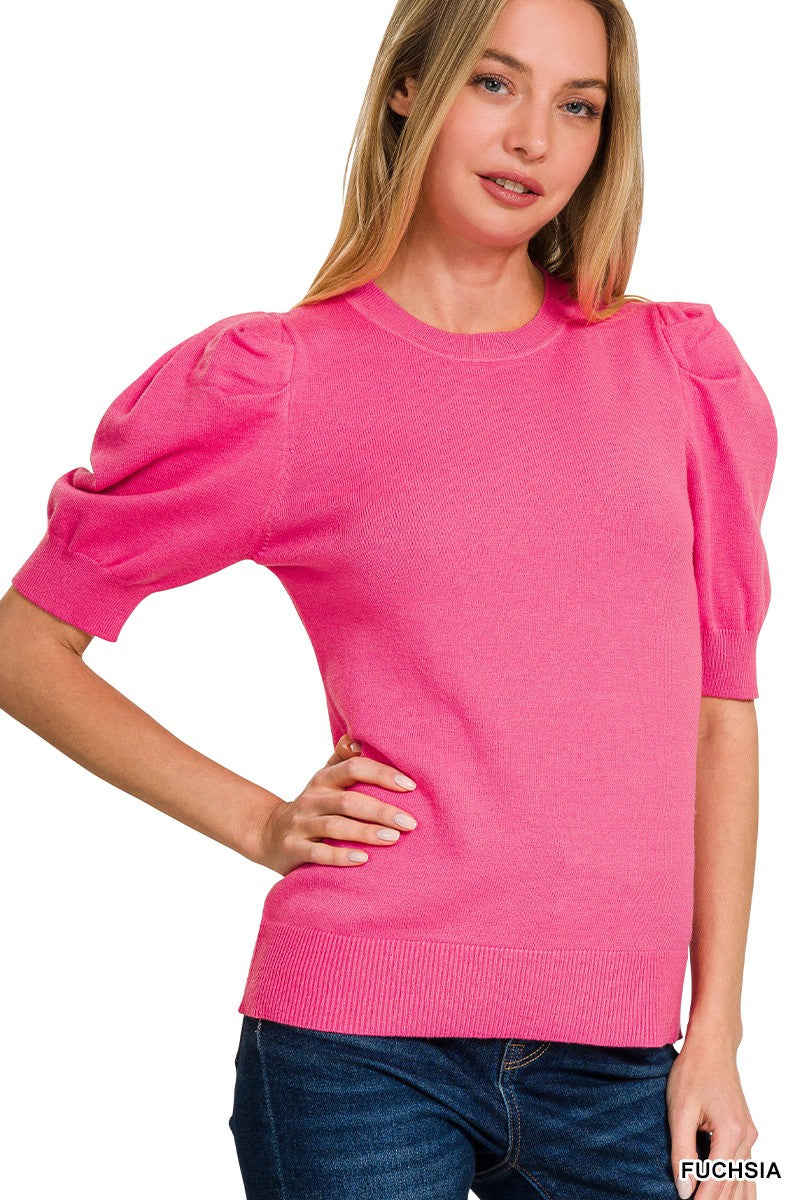 Fuchsia Sweater w/Puff Sleeves by Zenana