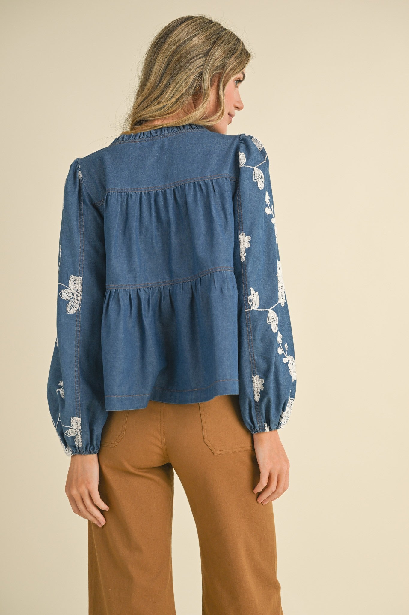 Floral Denim Embroidery Top