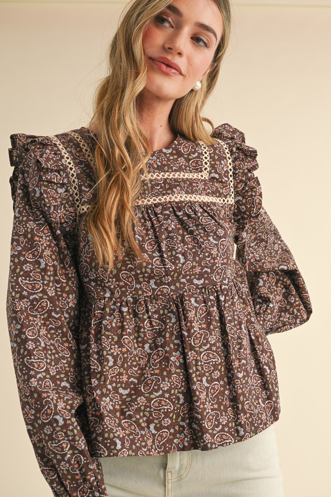Cocoa Ruffle Puff Sleeve Lace Trim Top