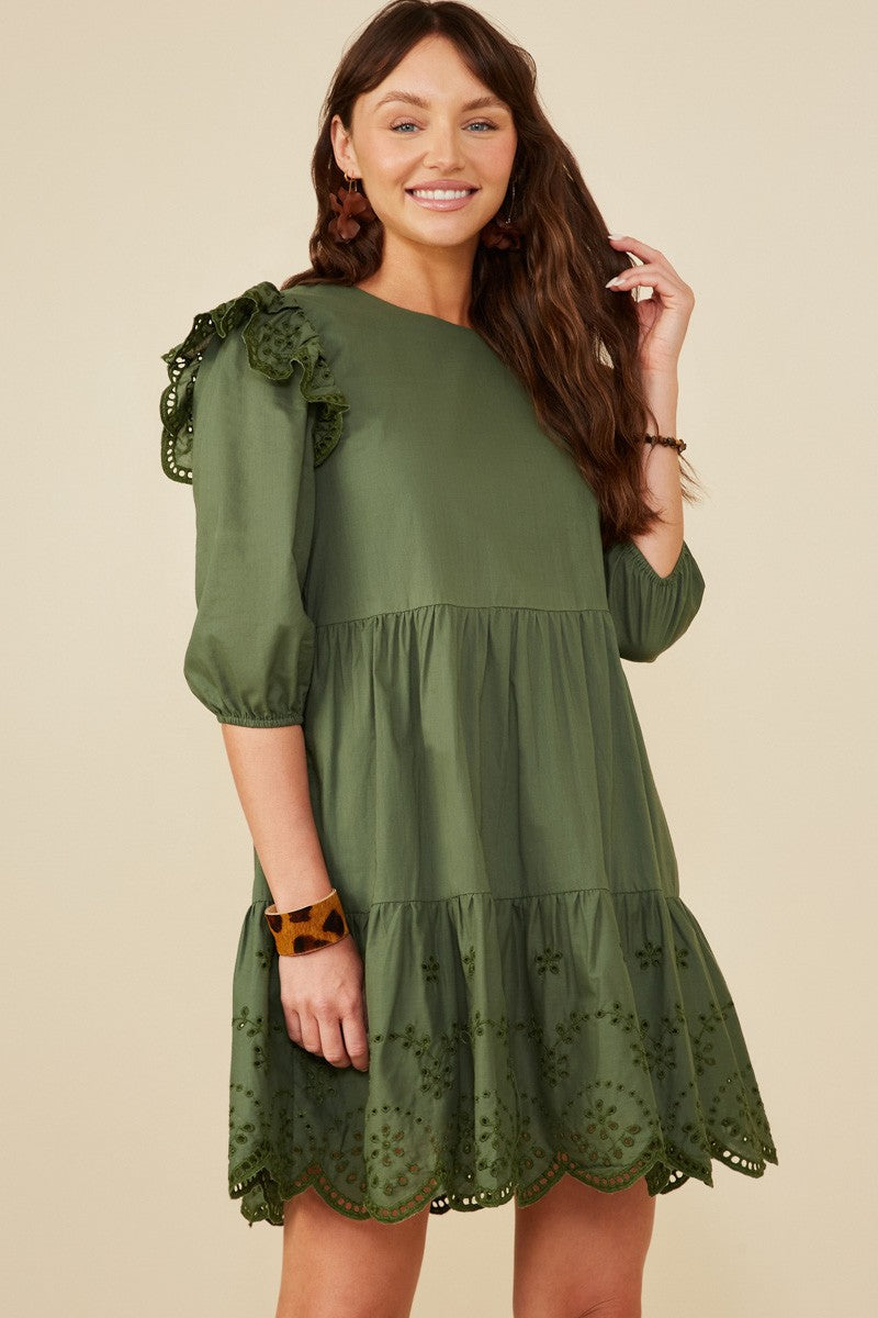 Olive Scalloped Eyelet Tiered Dress
