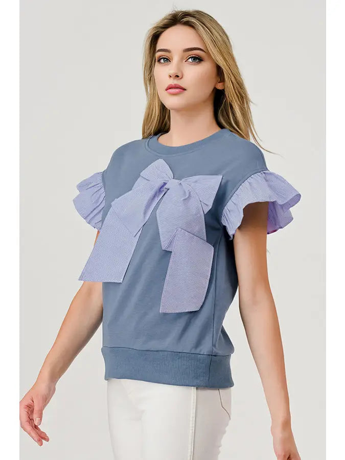 Bennett Pinstripe Bow Ruffle Top in Blue by Pixy & Ivy