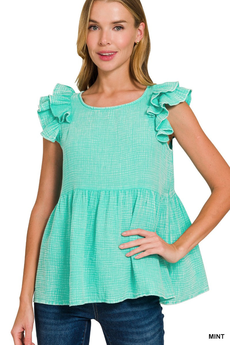 Mint Acid Wash Ruffle Sleeve Top