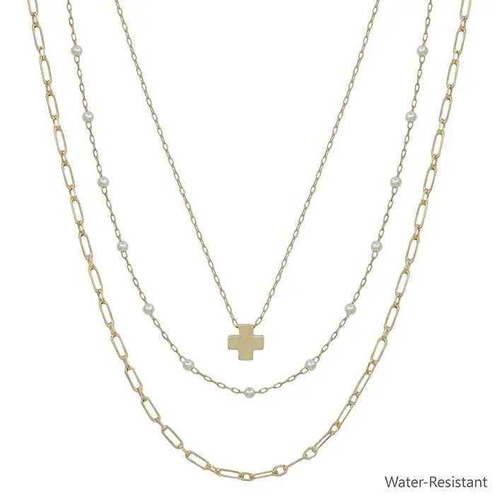 Gold Set of 3 Cross and Pearl Link Necklace