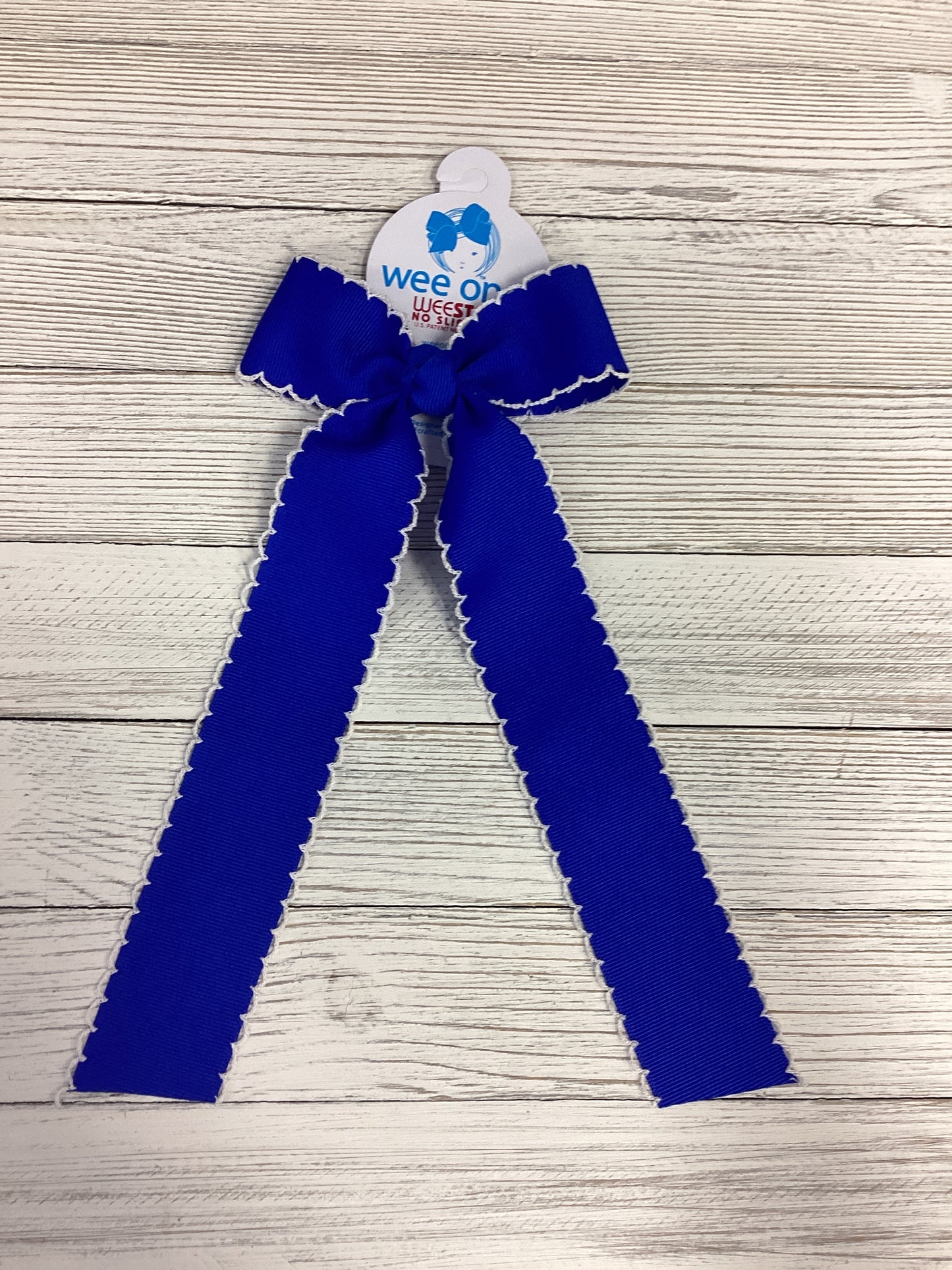 Medium Grosgrain Moonstitch Hair Bowtie with Knot Wrap and Streamer Tails - Blue & White