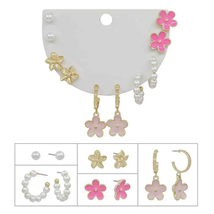 Set of 5 Flower Stud, Pearl Hoops, & Flower Huggies