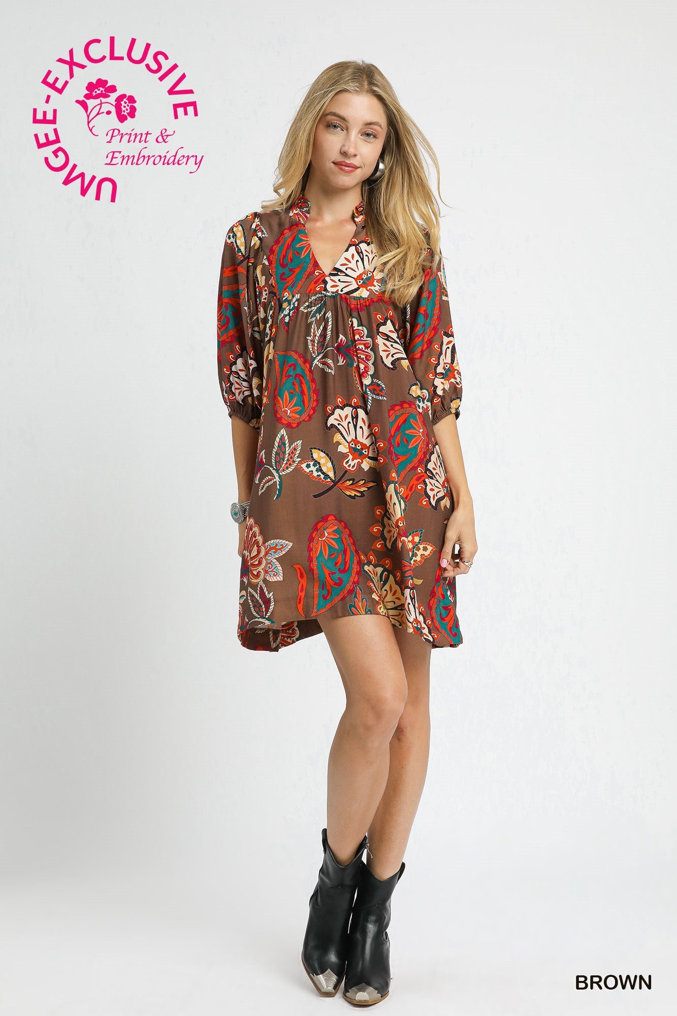 Brown Abstract Babydoll Dress by Umgee