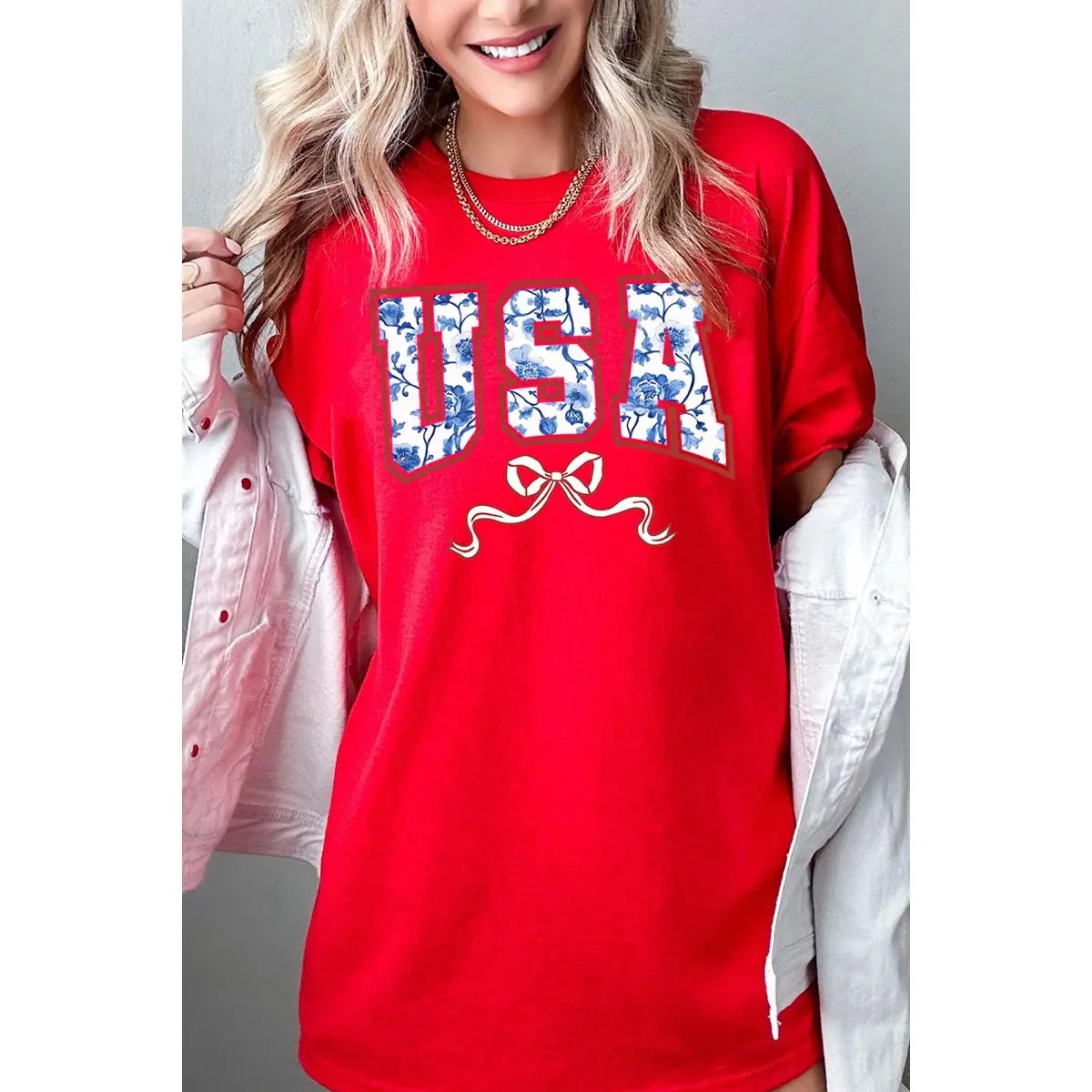 Chinoiserie Bow USA Tee in Red
