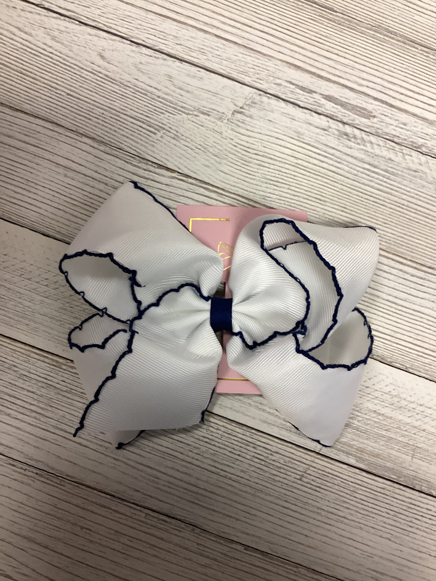 White W/Navy Moonstitch Hair Bow