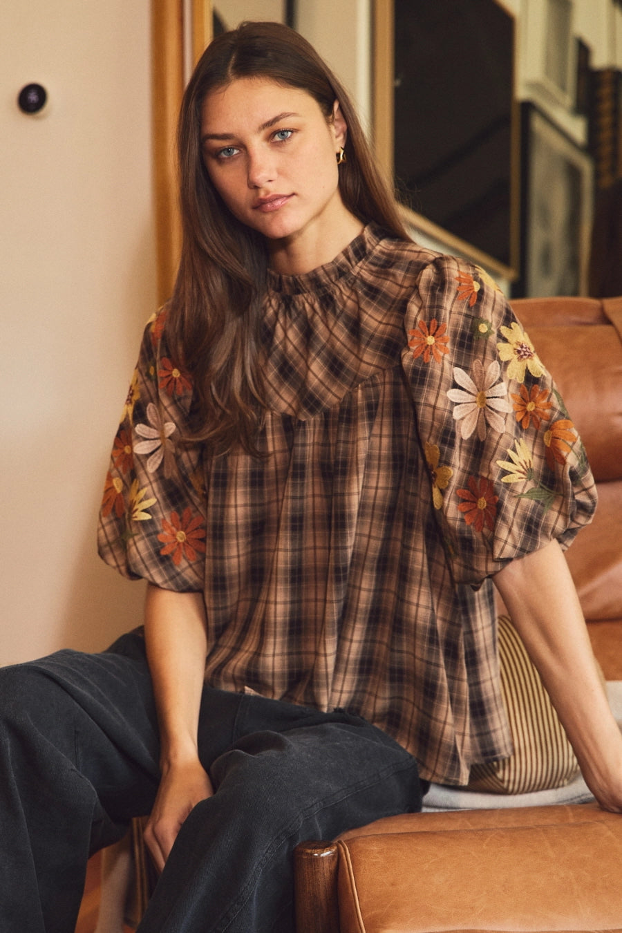 Plaid Puff Sleeve Blouse