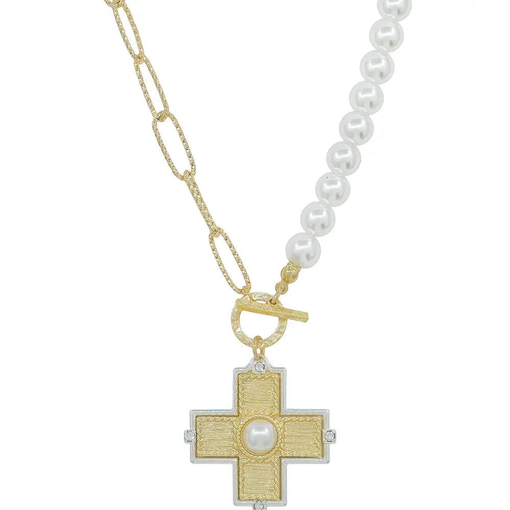 Gold Open Chain and Pearl W/Pearl Cross
