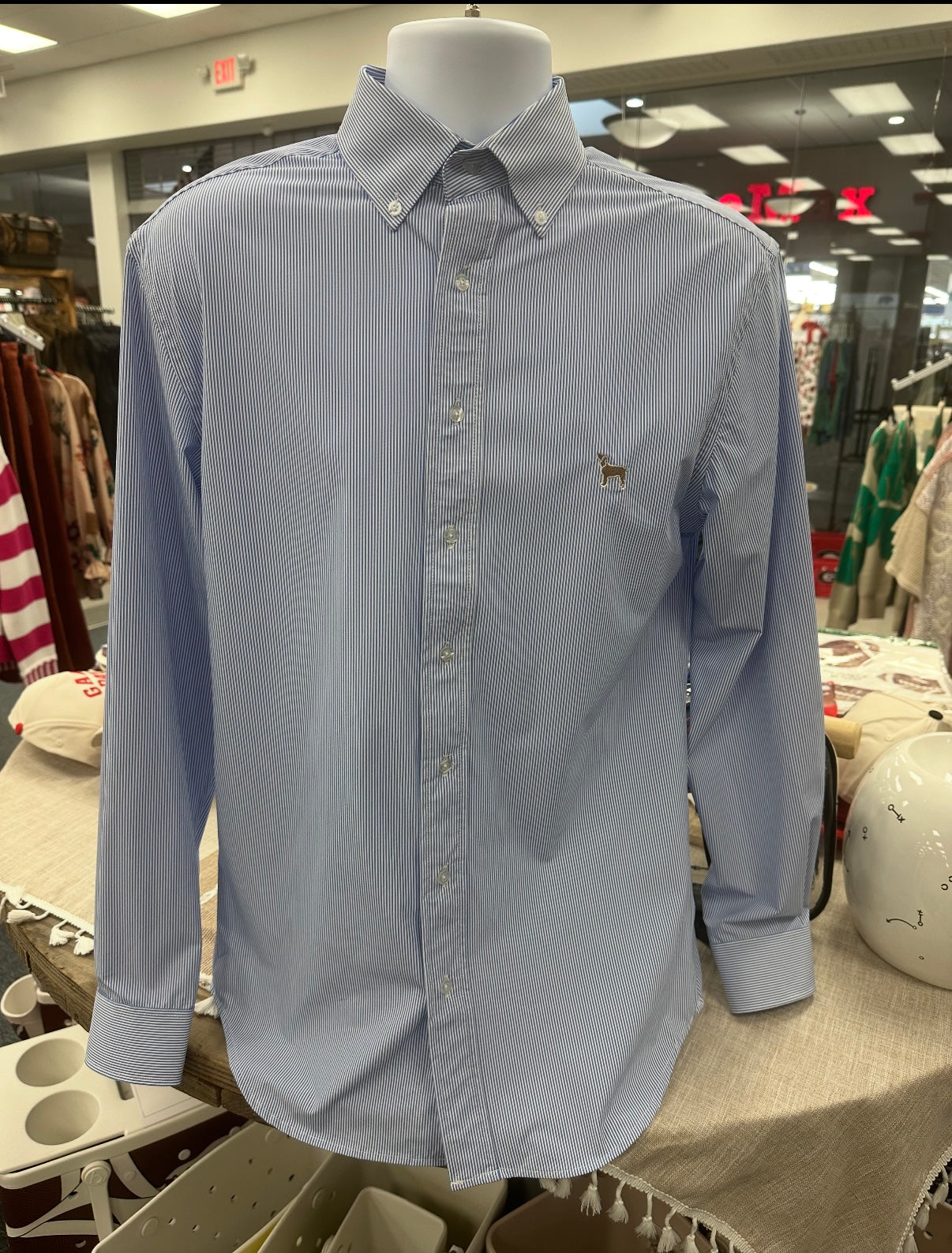 Cardinal Creek Logo Navy & White Striped Button Up
