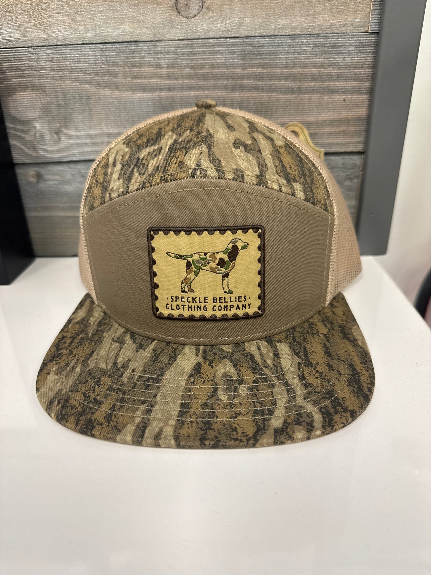 Speckle Bellies Camo Dog Khaki Patch Flatbill Hat