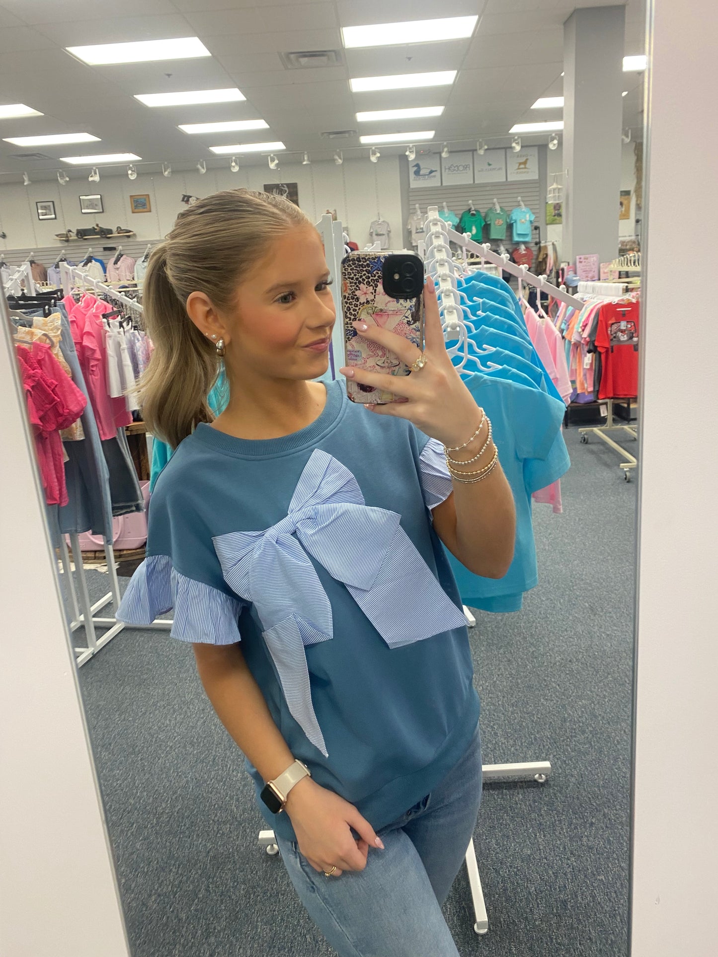 Bennett Pinstripe Bow Ruffle Top in Blue by Pixy & Ivy