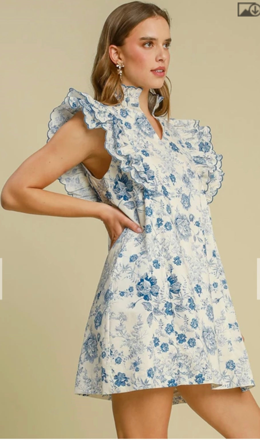 Umgee Blue & White Floral Ruffle Sleeve Dress