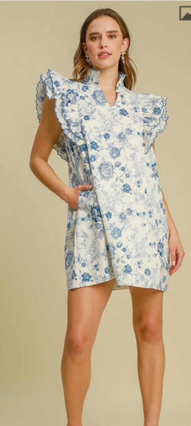 Umgee Blue & White Floral Ruffle Sleeve Dress