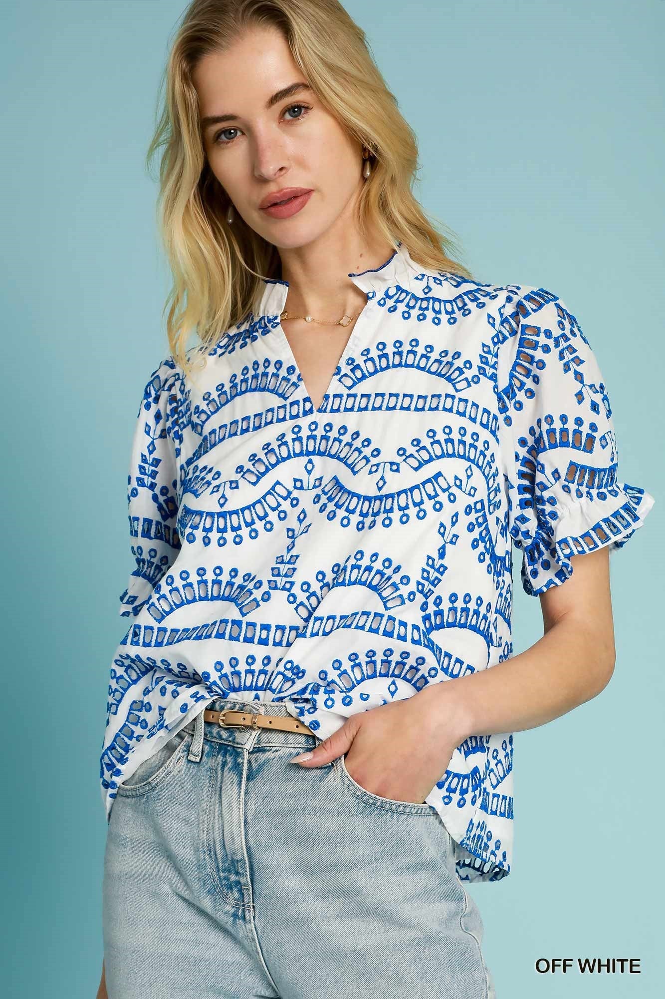 Blue/White Embroidered Puff Sleeves Blouse