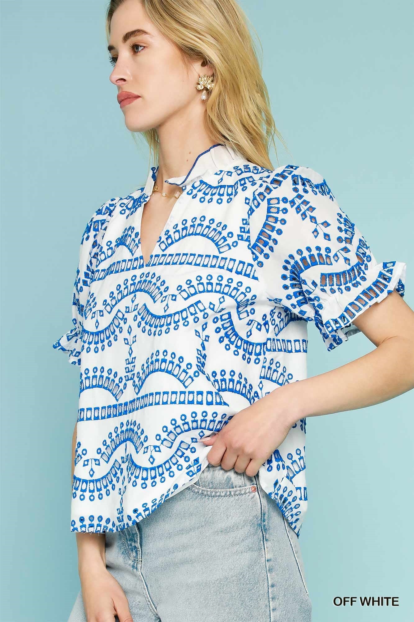 Blue/White Embroidered Puff Sleeves Blouse