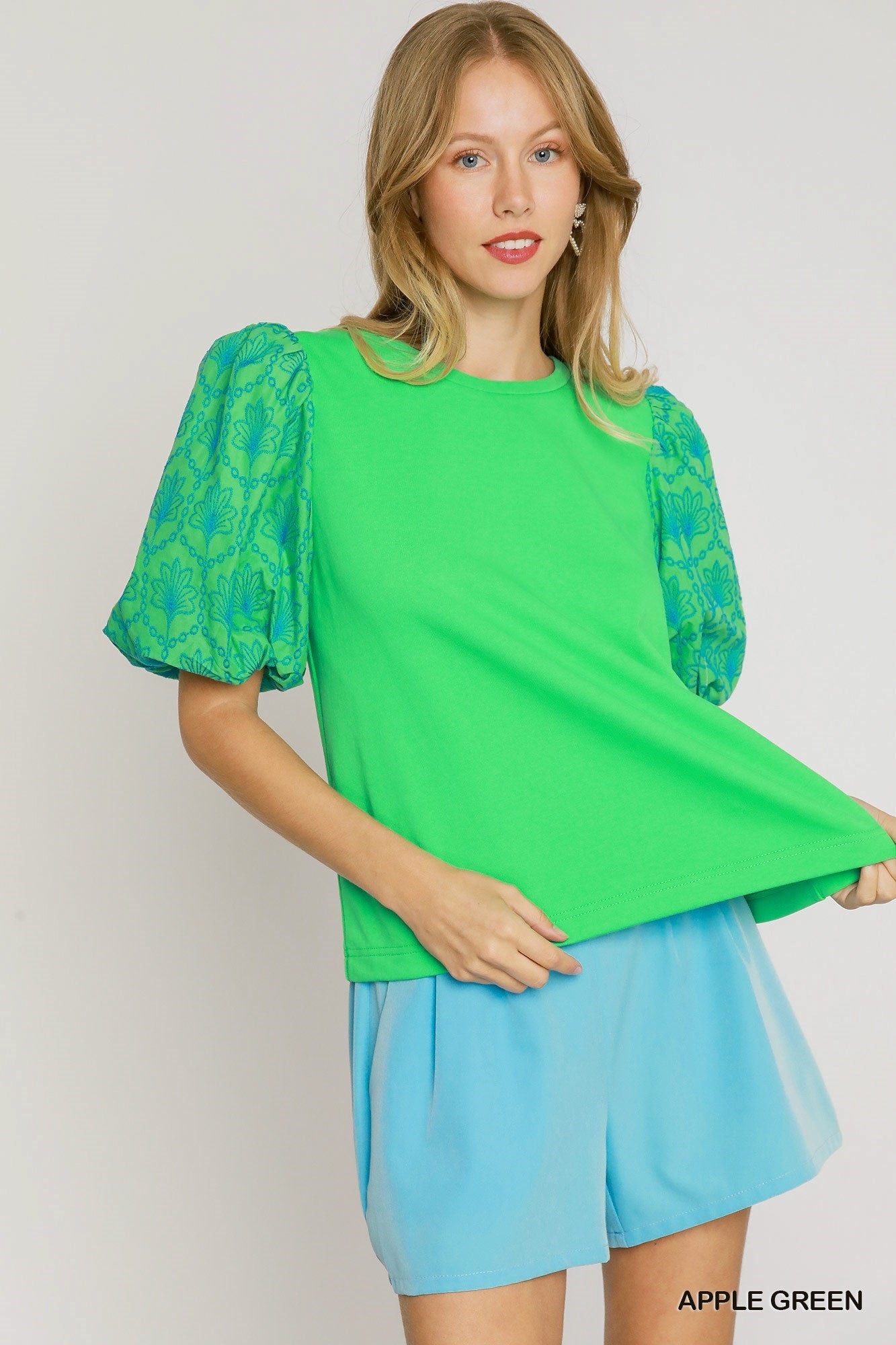 Green Embroidered Flutter Sleeve Blouse By Umgee