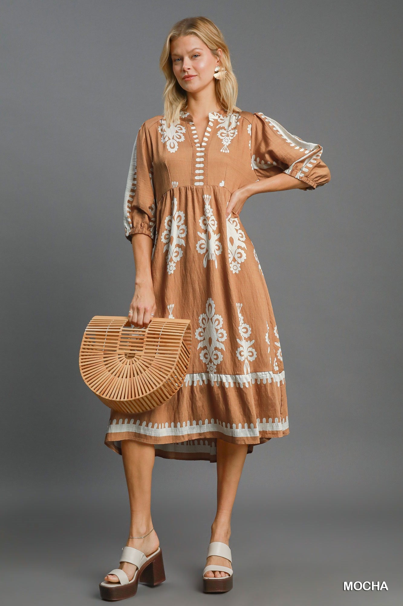 Umgee Mocha Border Print Dress