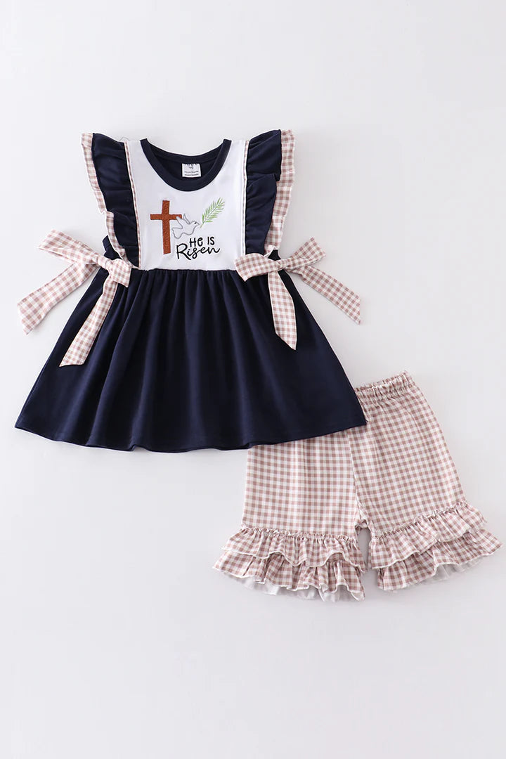 Easter Cross Embroidery Navy 2pc