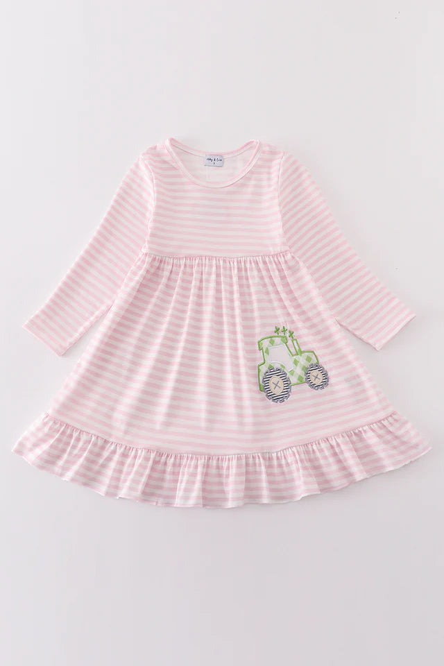 Girl's Tractor Pink/White Stripe Dress