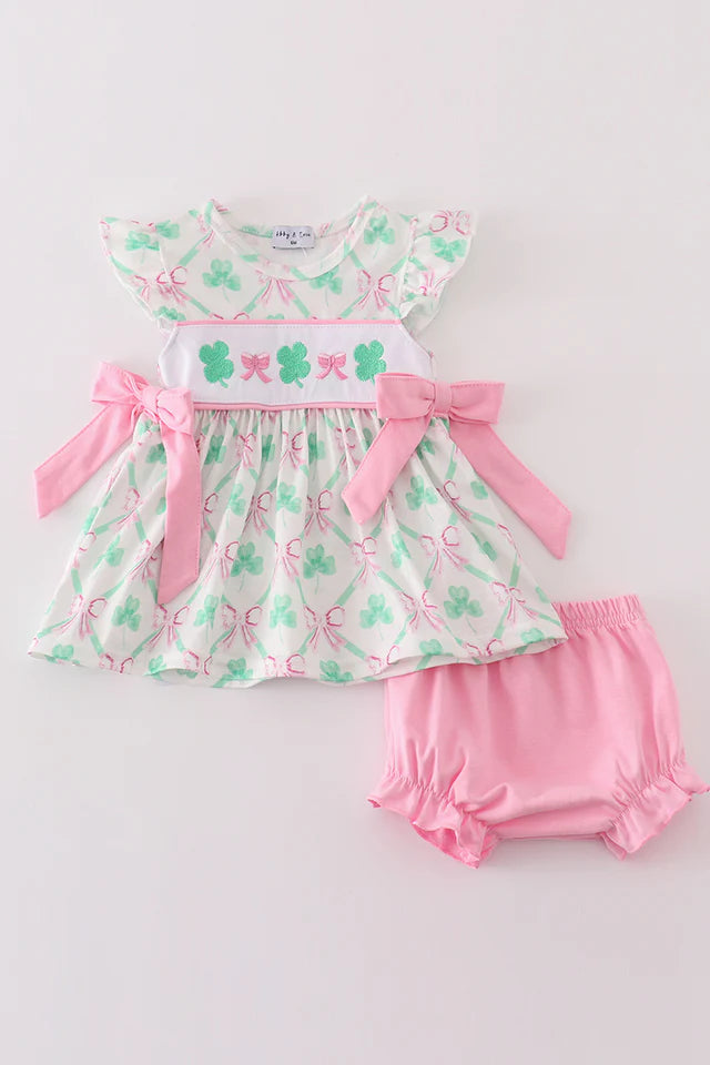 St Patrick's Pink Green Bow Clover 2pc