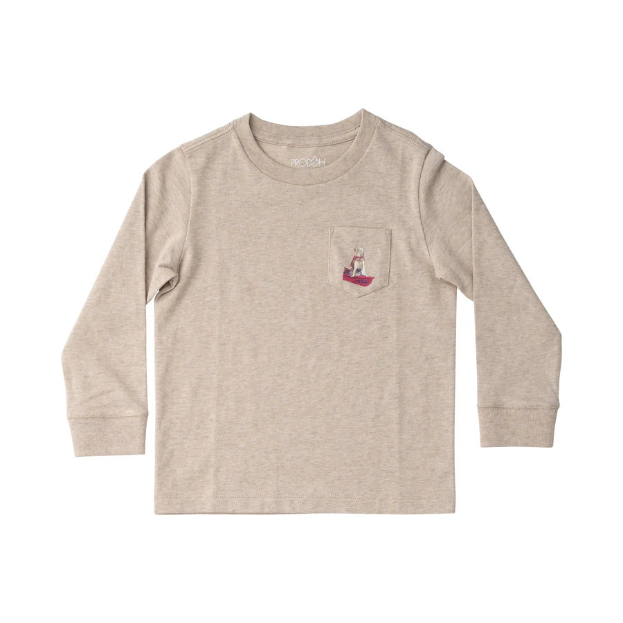 Prodoh Kid's Long Sleeve Cotton T-shirt in Heathered Khaki with Golden Retriever in Canoe