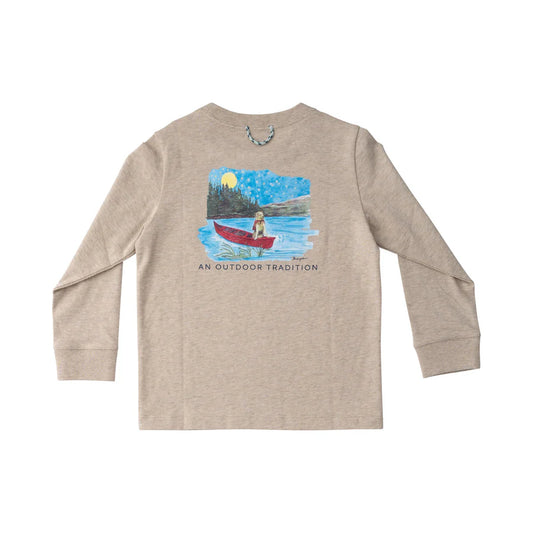Prodoh Kid's Long Sleeve Cotton T-shirt in Heathered Khaki with Golden Retriever in Canoe