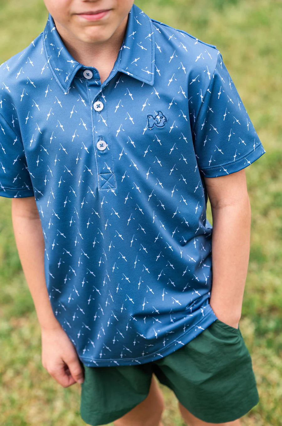 Prodoh Boy's Short Sleeve Pro Performance Polo in Fishing Rod Print on Blue
