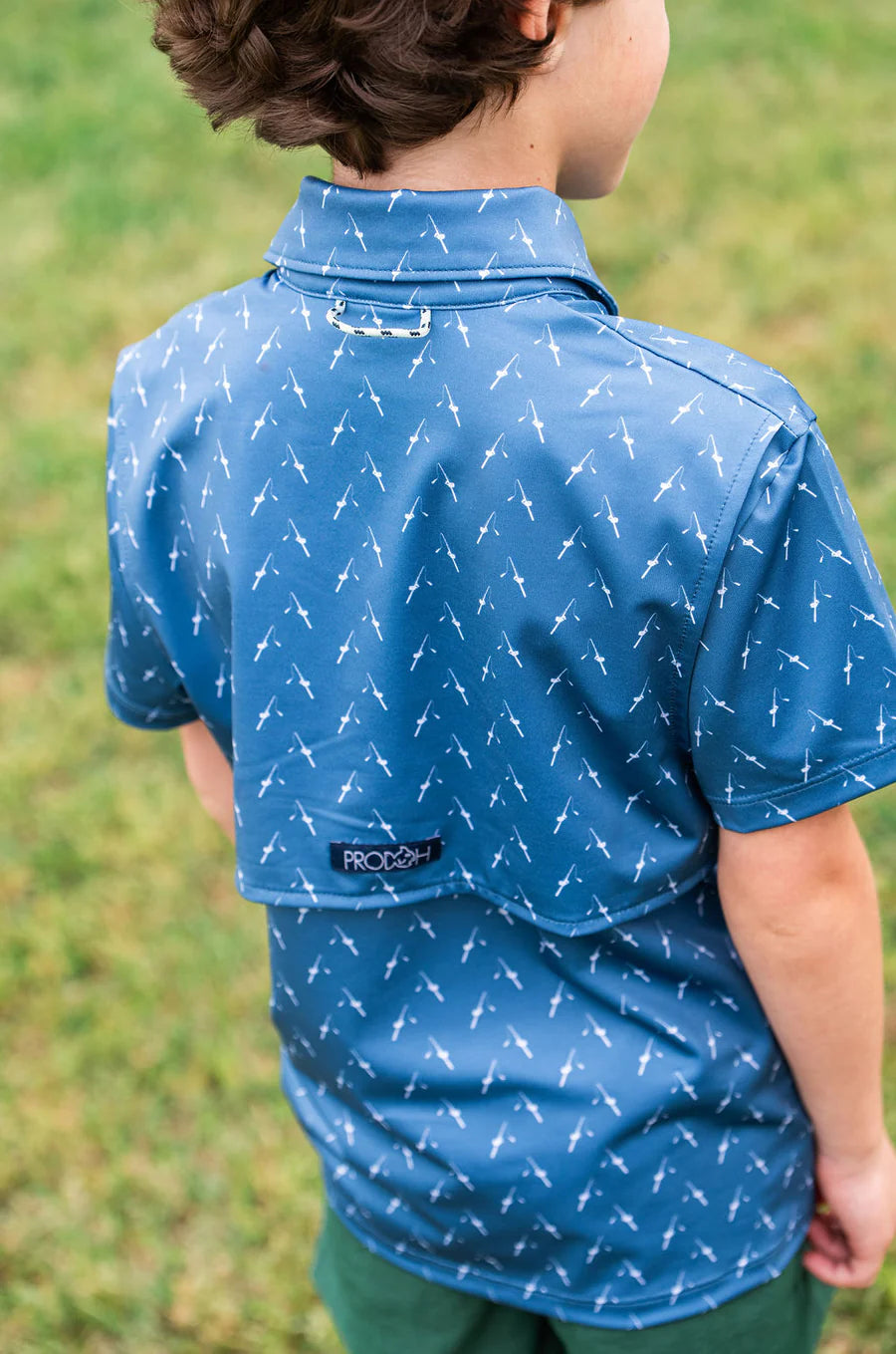 Prodoh Boy's Short Sleeve Pro Performance Polo in Fishing Rod Print on Blue