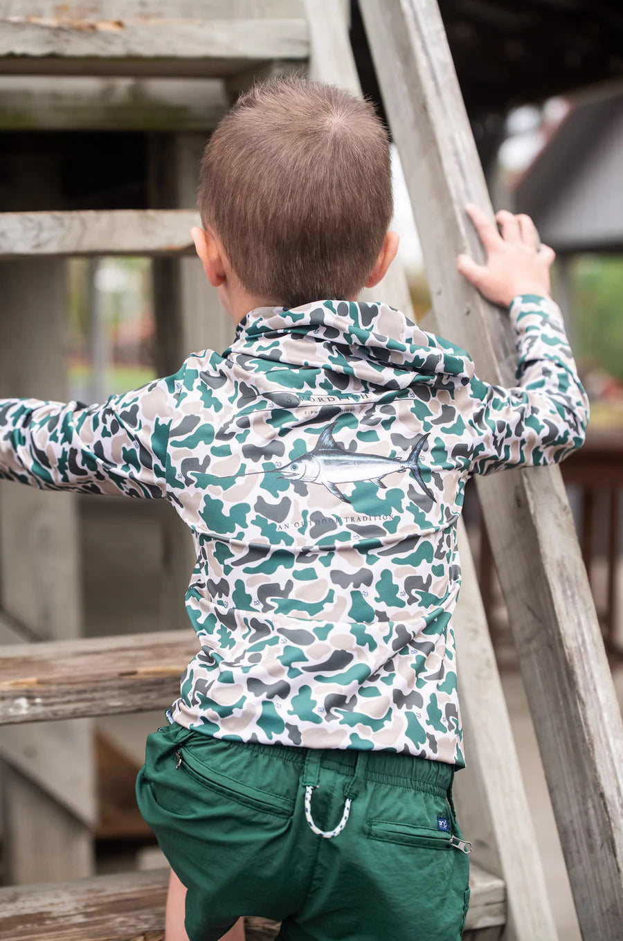Prodoh Kid's Pro Performance Hoodie T-shirt in Break Point Camo with Swordfish