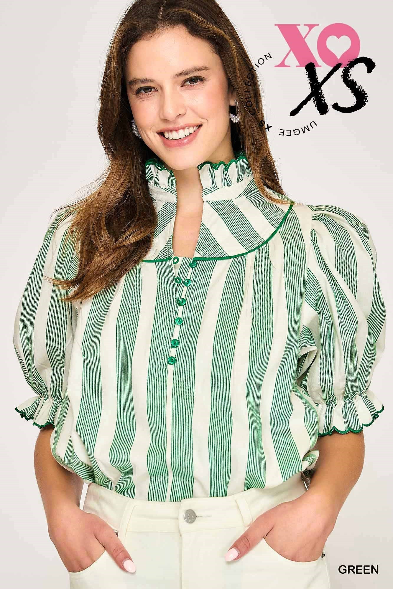 Green Stripe Ruffle Collar Blouse by Umgee