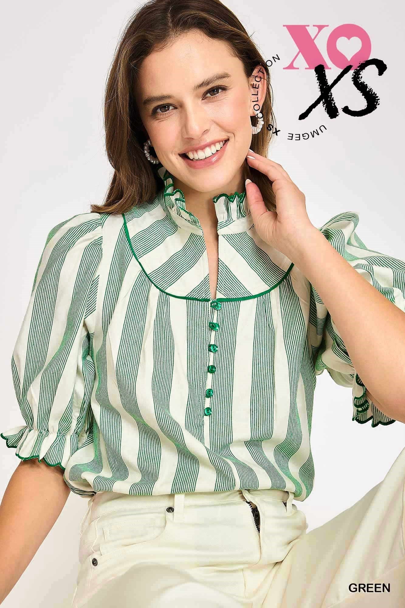 Green Stripe Ruffle Collar Blouse by Umgee