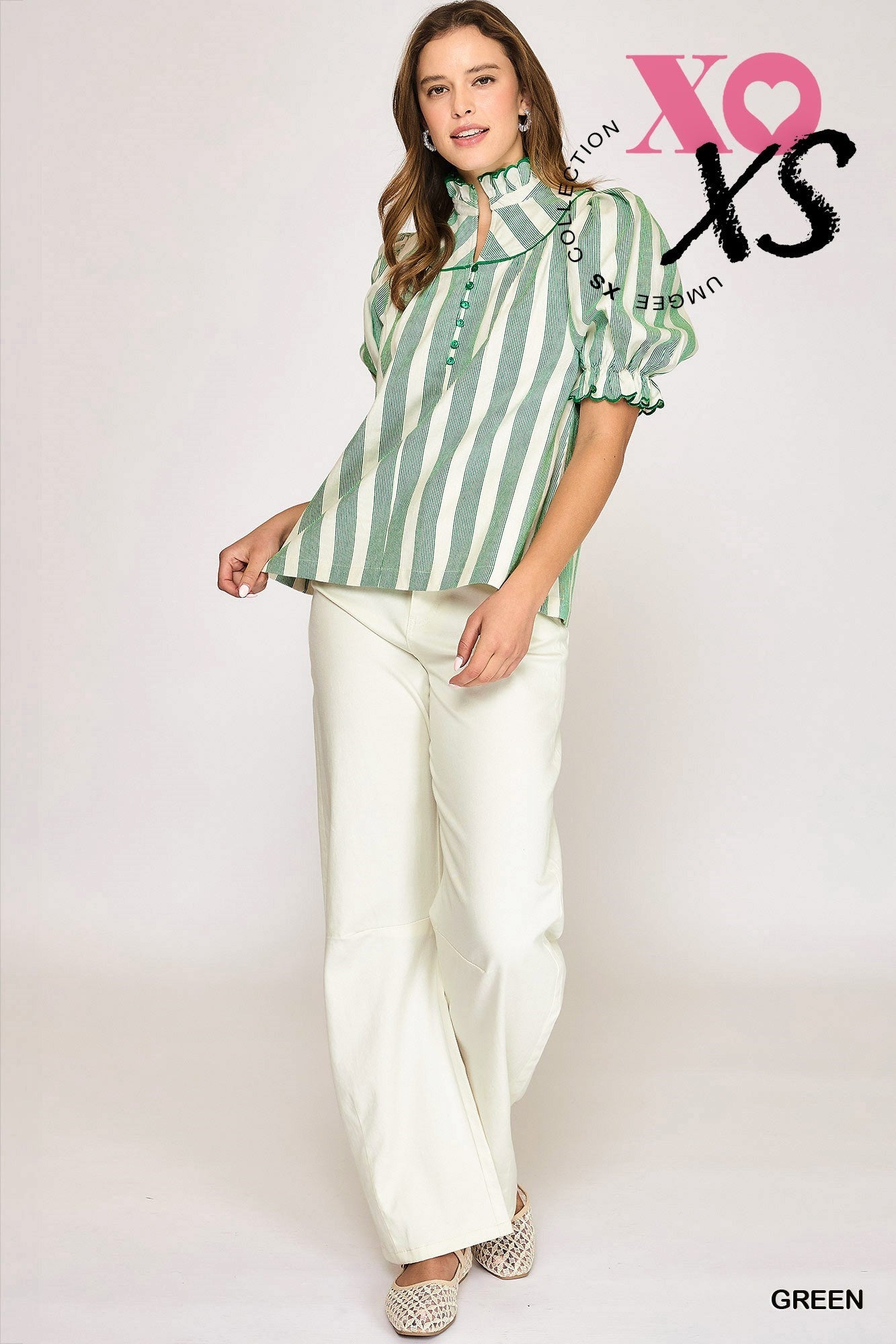 Green Stripe Ruffle Collar Blouse by Umgee