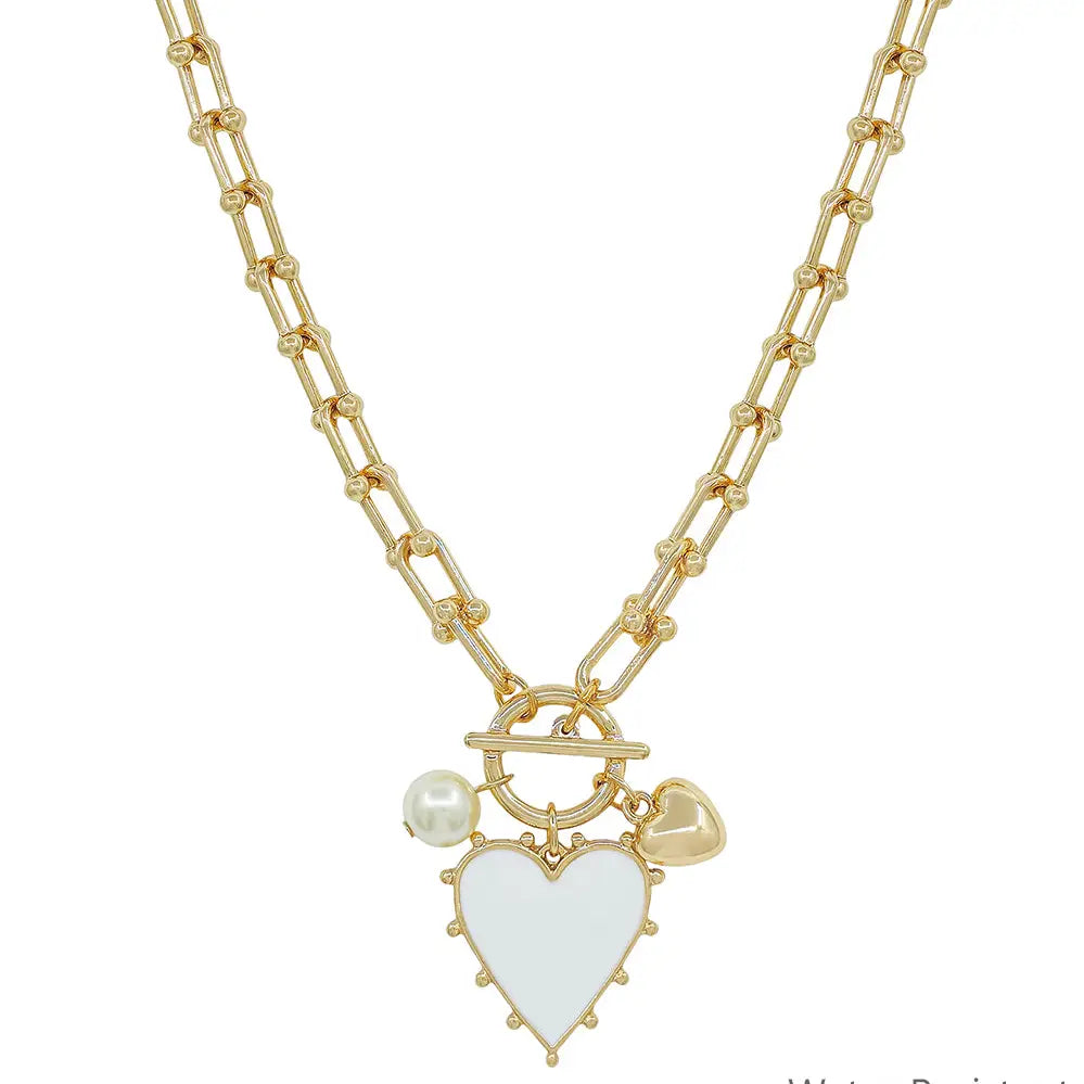 Gold Necklace W/White Studded Heart Charm