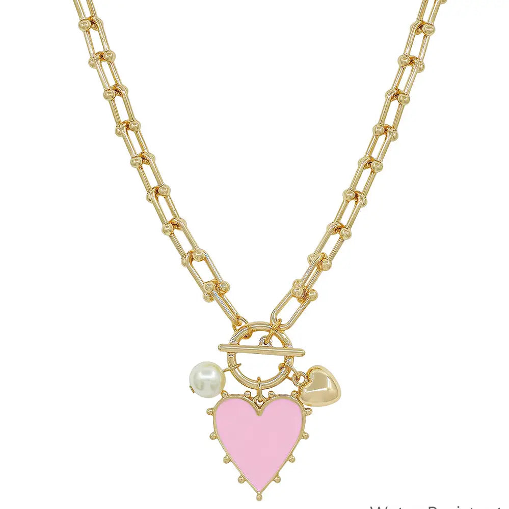 Gold Necklace W/Pink Studded Heart Charm