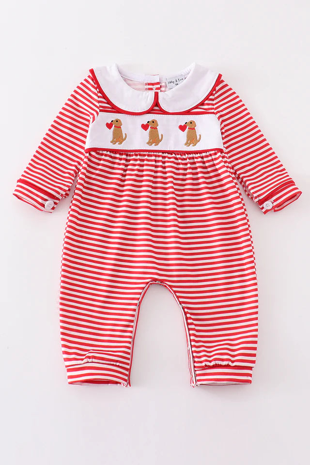 Boys Red Striped Valentine Puppy Romper