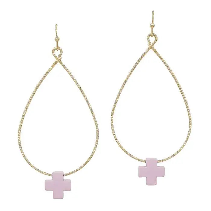 Gold Teardrop w/Pink Cross Earrings