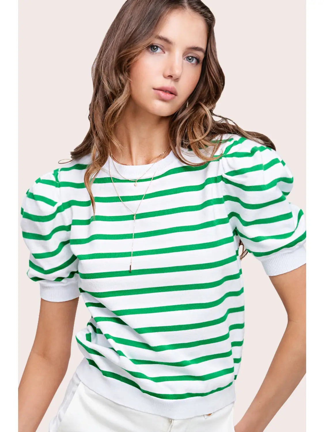 Green Stripe Lightweight Puff Sleeve Top