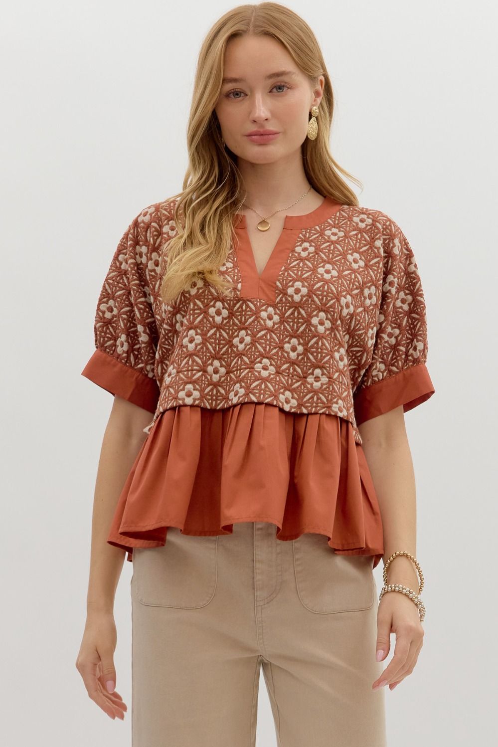 Floral Jacquard Top in Rust by Entro