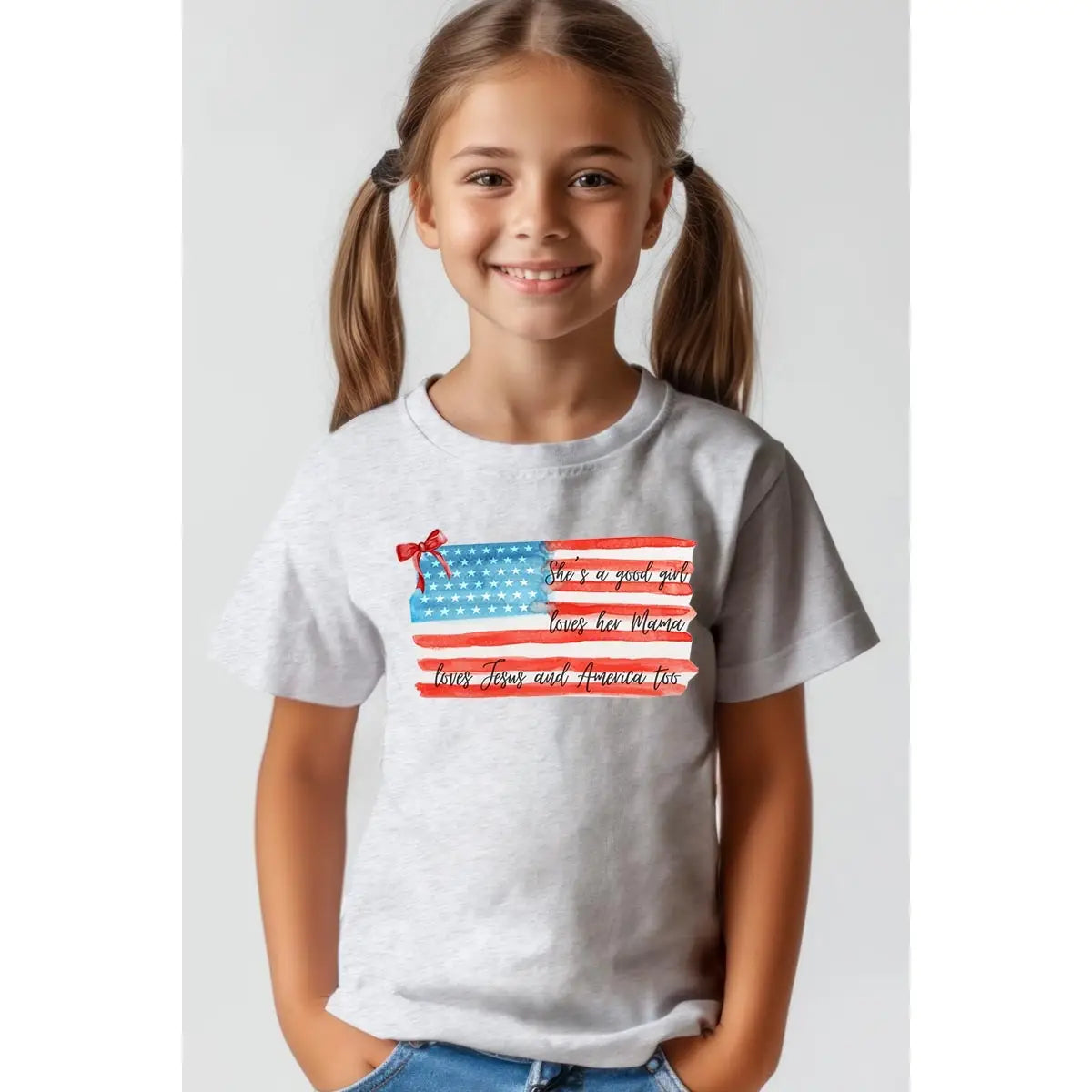 Red Bow USA Flag Tee for girls in Ash