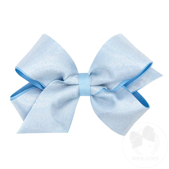 Wee Ones Medium Mirror Dot and Grosgrain Overlay Blue Hair Bow