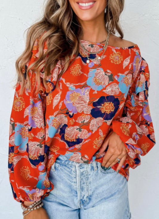 Red Floral Ruffle Puff Sleeve Blouse