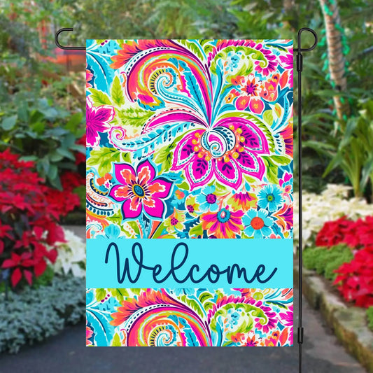 Garden Flag Fuchsia and Blue Flower Swirls